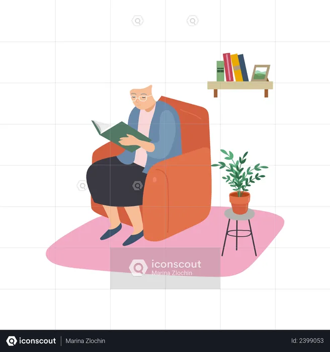 Aged woman reading book  Illustration