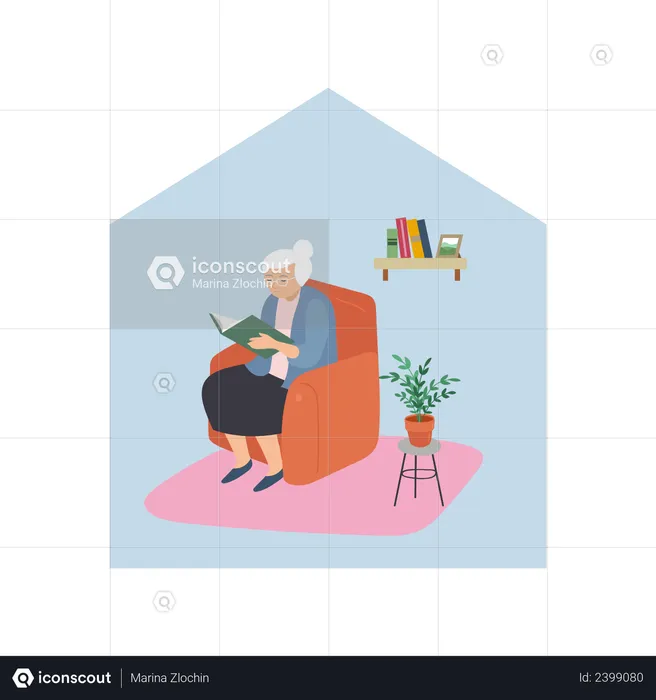 Aged woman reading book in home  Illustration