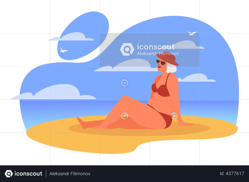 Aged woman relaxing on beach  Illustration