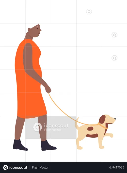 Aged woman walking with dog  Illustration