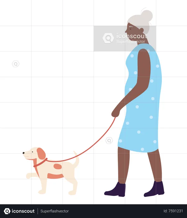 Aged woman walking with dog  Illustration