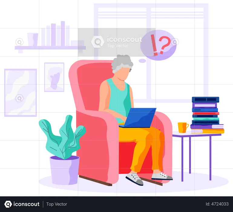 Aged woman working on laptop  Illustration