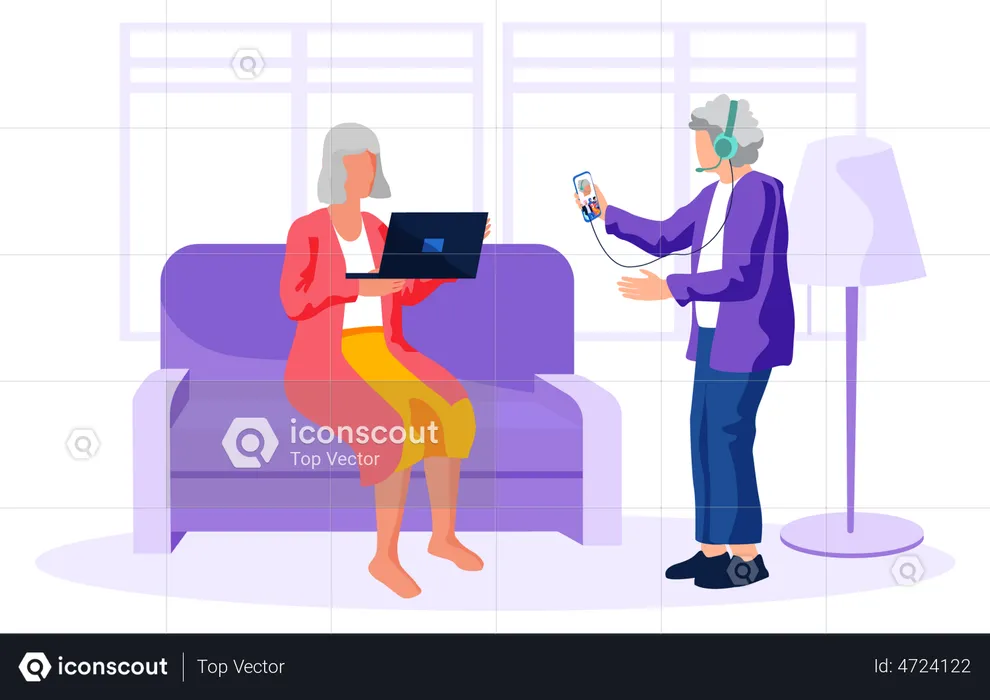 Aged women using laptop and mobile  Illustration