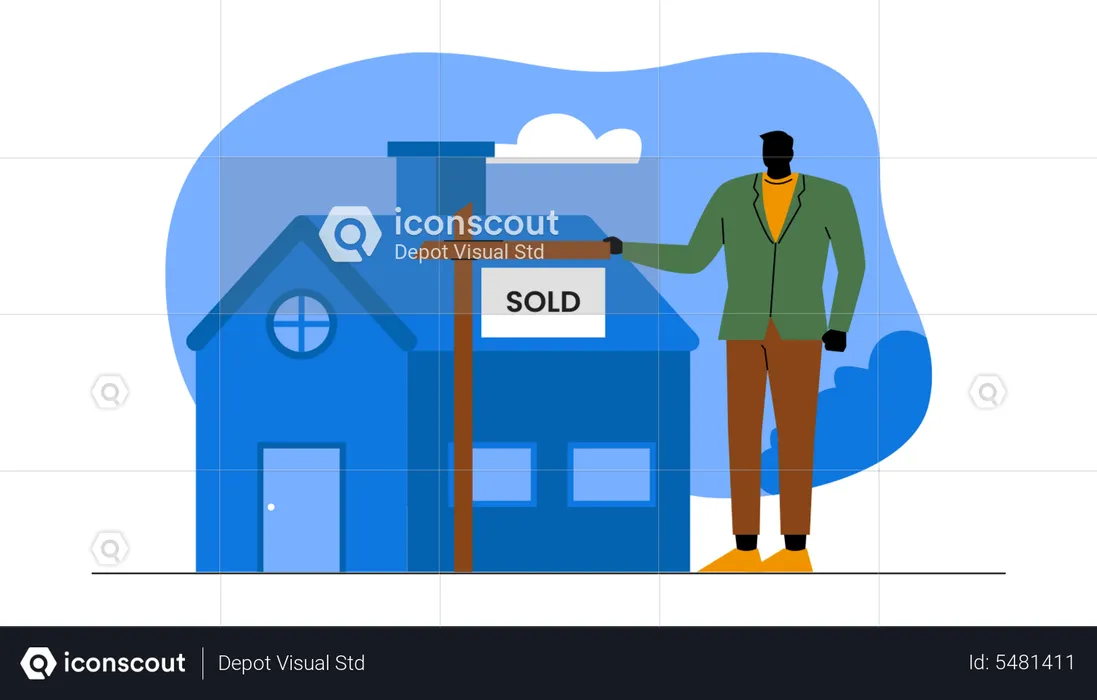 Agent standing next to house sold sign  Illustration