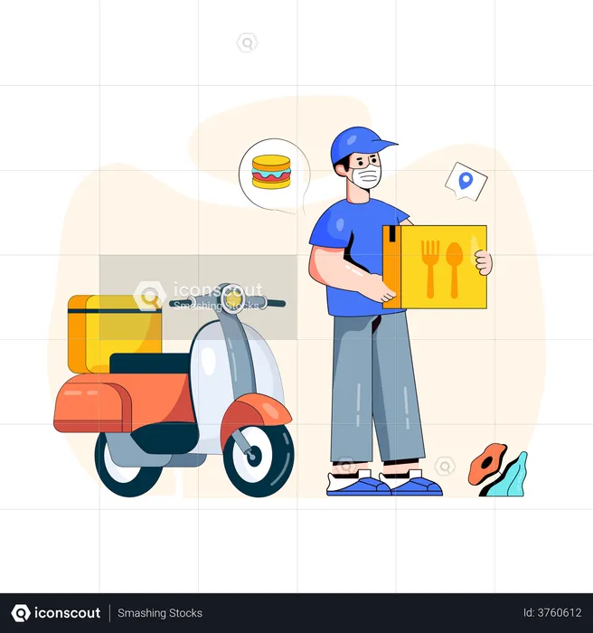 Agente de entrega de alimentos entregando alimentos usando scooter  Ilustración