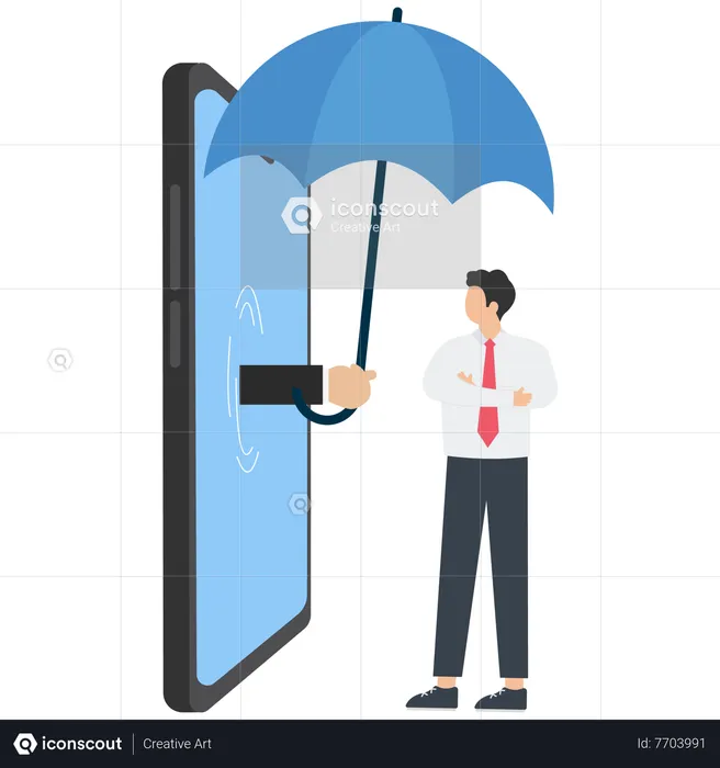 Agente de seguros online usa guarda-chuva para proteger um empresário da chuva  Ilustração