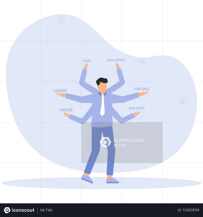 Agente inmobiliario haciendo múltiples tareas mientras está de pie con seis brazos  Ilustración