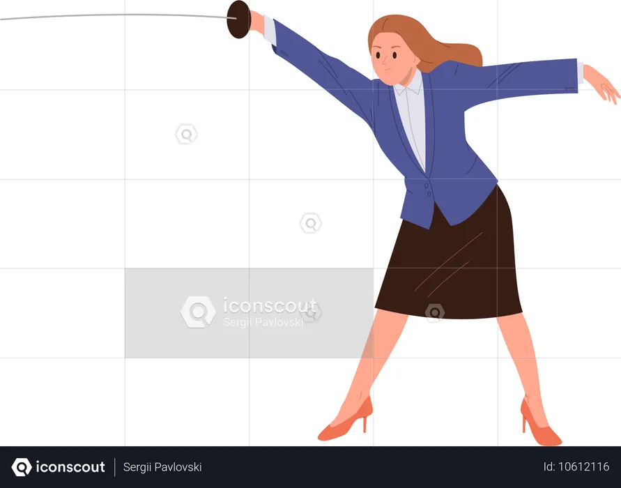 Aggressive businesswoman character attacking with sword weapon  Illustration