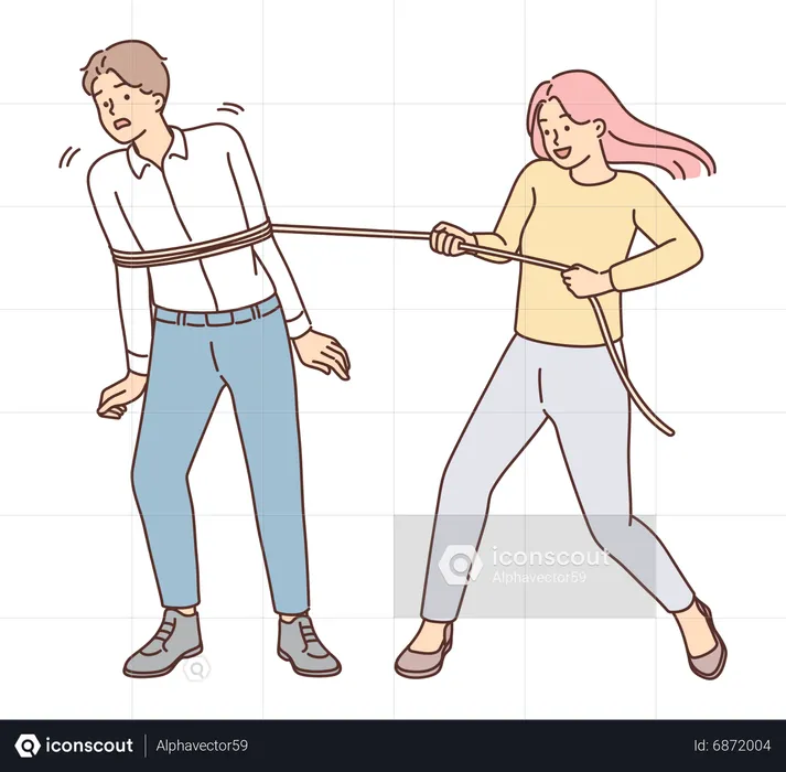 Aggressive lady tied man with rope  Illustration
