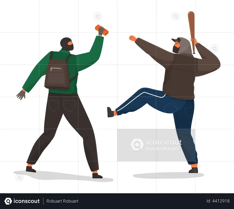 Aggressive men with a baseball bat and brick  Illustration