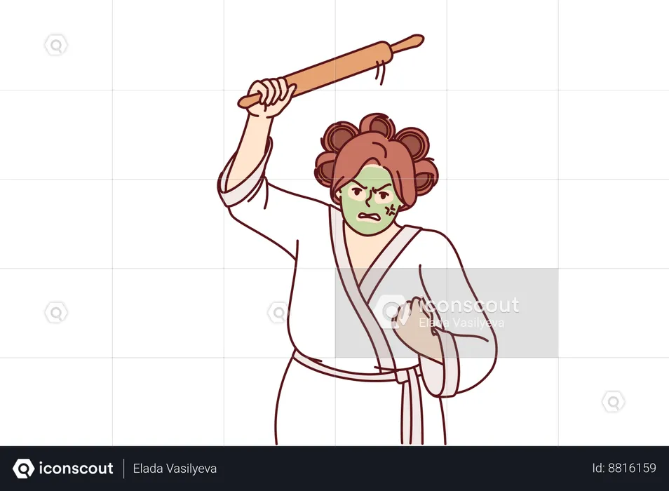 Aggressive woman holding rolling pin and threatening to be beaten  Illustration