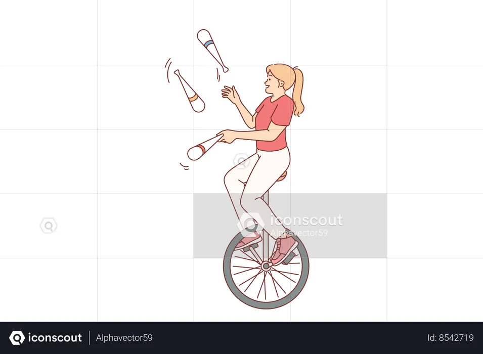 Agile woman rides unicycle and juggles pins in circus show  Illustration