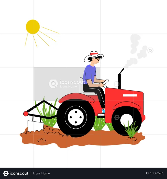 Agriculteur conduisant un tracteur dans le champ  Illustration