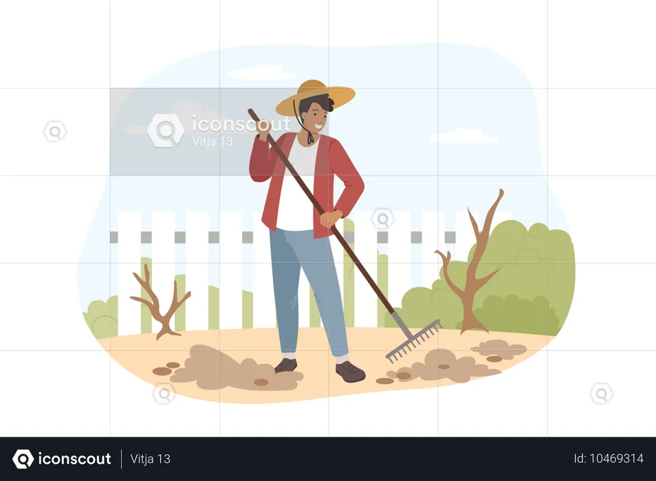 Un agriculteur fait de l'agriculture dans sa maison  Illustration