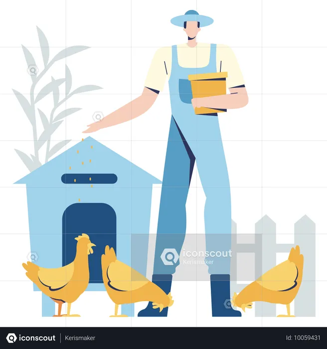 Un agriculteur nourrit des poulets dans une ferme  Illustration