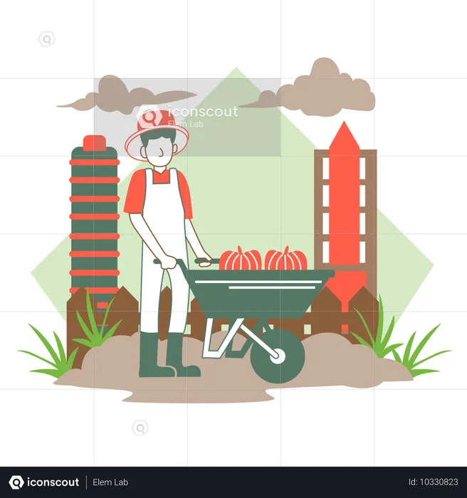 Un agriculteur pousse un chariot à citrouilles  Illustration