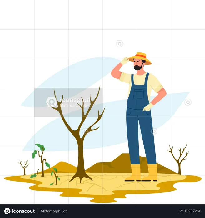 Un agriculteur montre une récolte ratée  Illustration