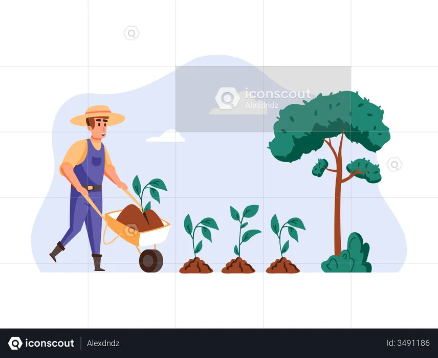 Agriculteur plantant des graines avec une brouette  Illustration