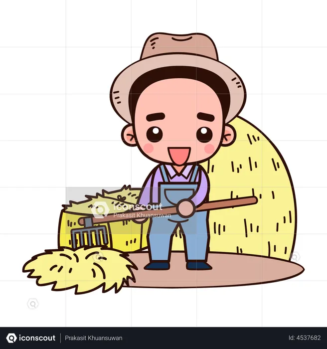 Agriculteur tenant une fourche et la collant dans une botte de foin  Illustration
