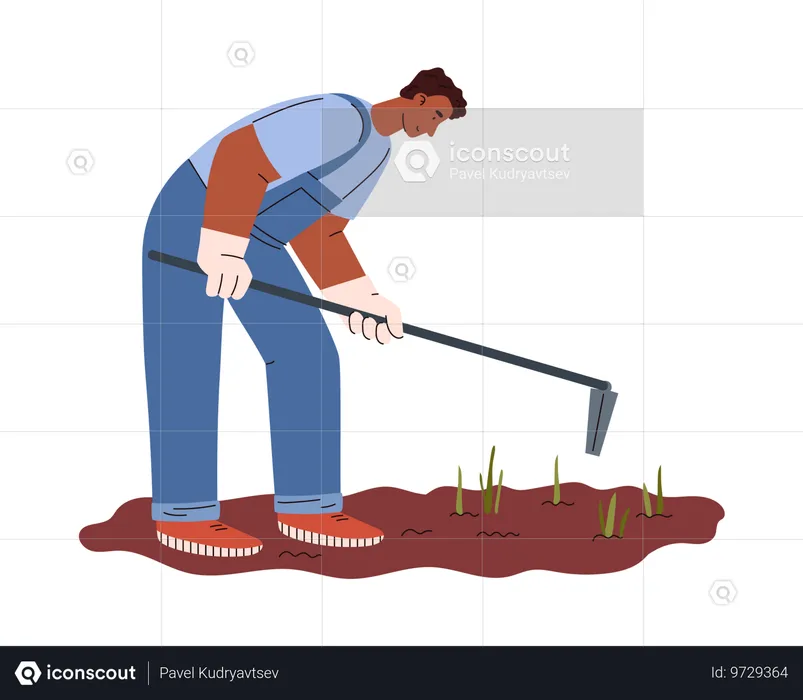 Agriculteur travaillant dans le jardin avec une houe  Illustration