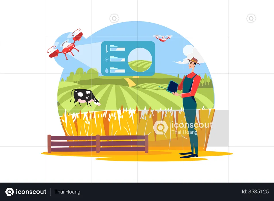 Agriculteur utilisant des capteurs à distance pour collecter des données agricoles  Illustration