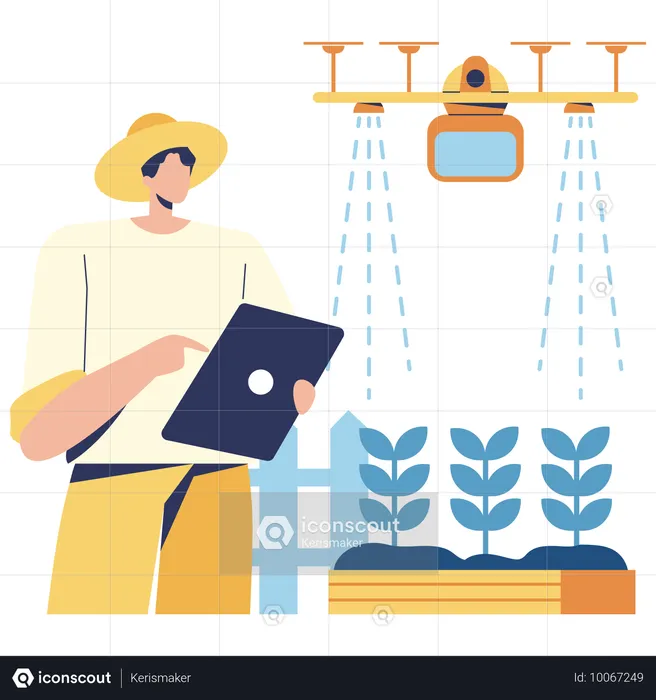 Agriculteur utilisant la technologie d'irrigation  Illustration