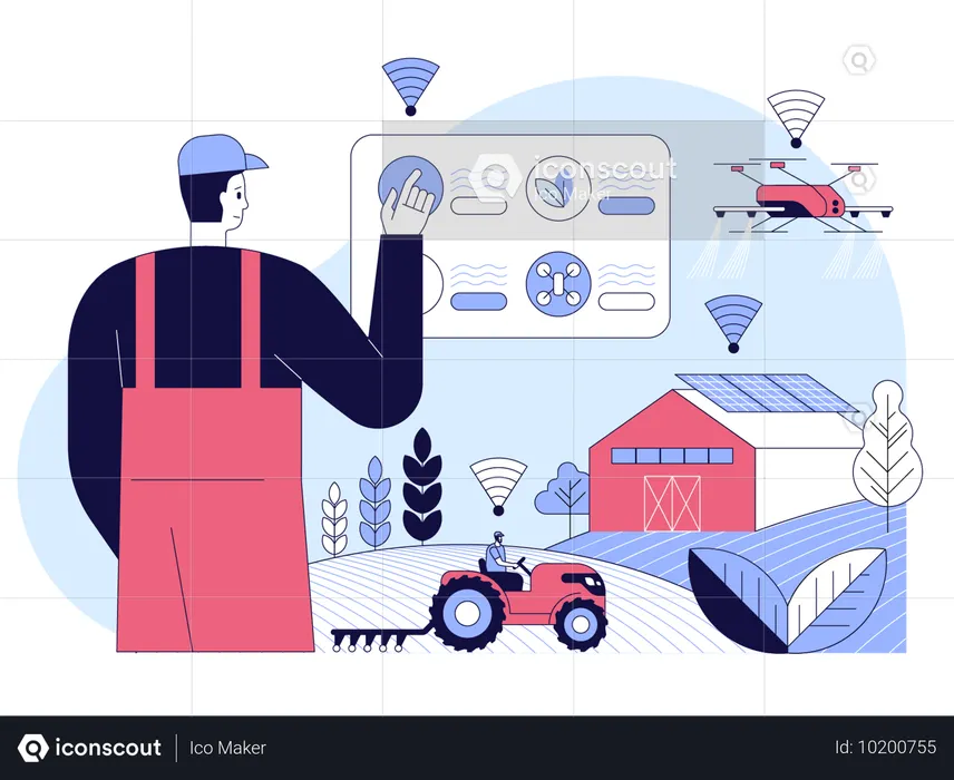Agriculteur utilisant une tablette pour le contrôle et la surveillance sur le terrain  Illustration