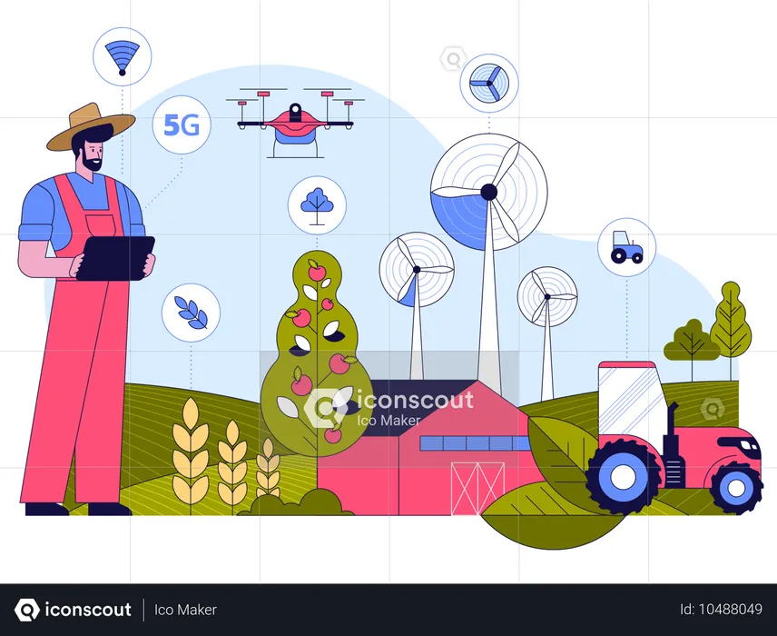 Un granjero dirige su granja utilizando una aplicación de agricultura inteligente en una tableta  Ilustración