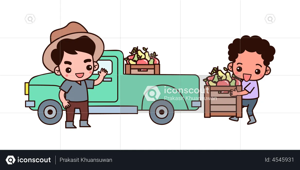 Agricultor colocando frutas no caminhão  Ilustração