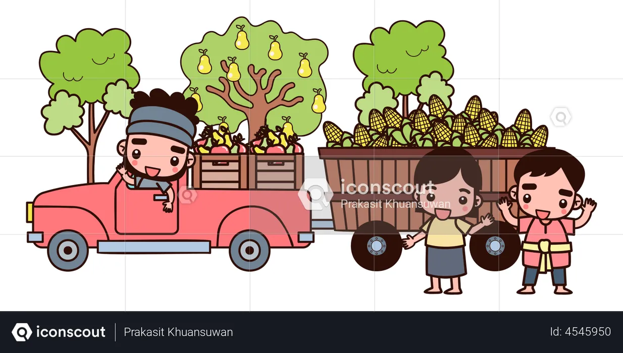 Fazendeiro dirigindo caminhão de frutas  Ilustração