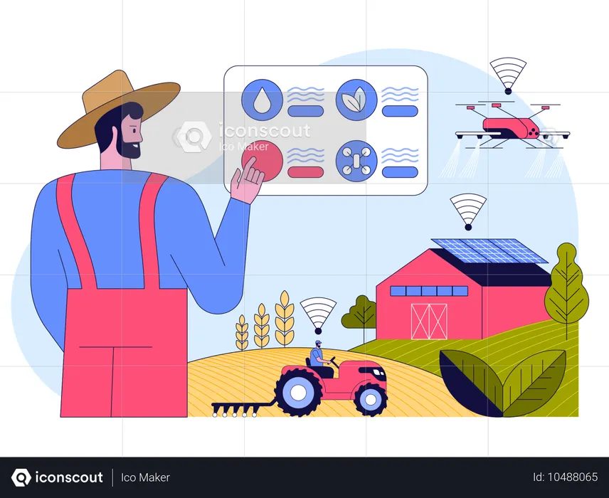 Un granjero dirige su granja en un panel de recopilación de datos  Ilustración