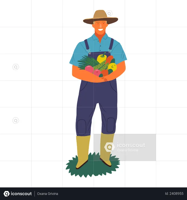 Agricultor em pé com frutas na mão  Ilustração