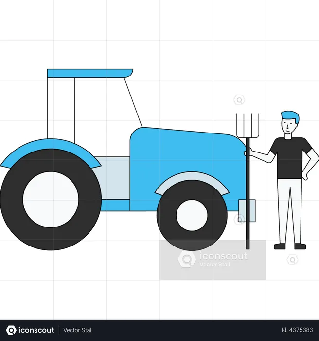 Agricultor em pé com trator e forquilha  Ilustração