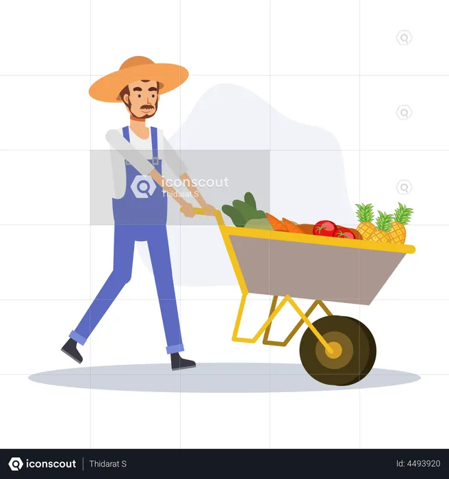 Agricultor empujando carrito de verduras  Ilustración