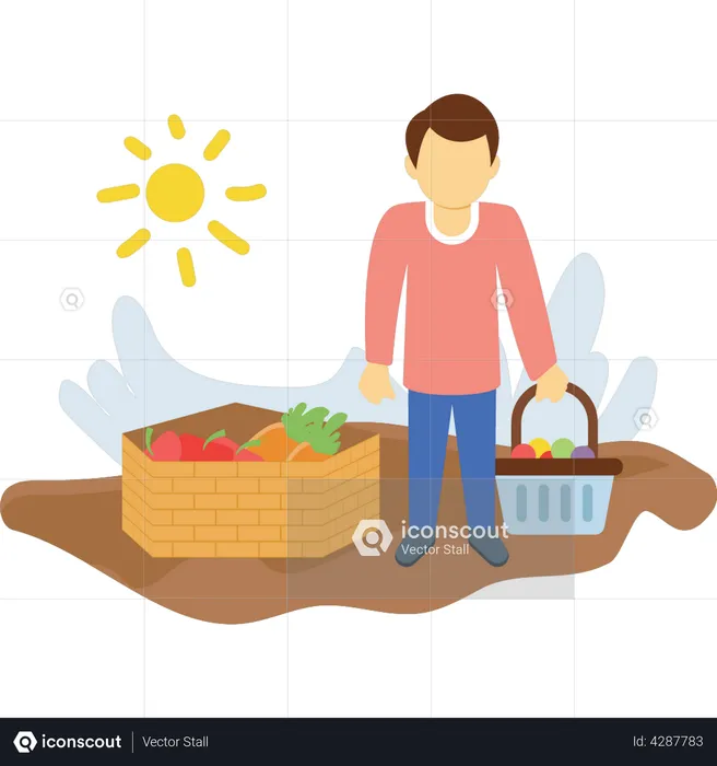 O fazendeiro está de pé com uma cesta de frutas  Ilustração