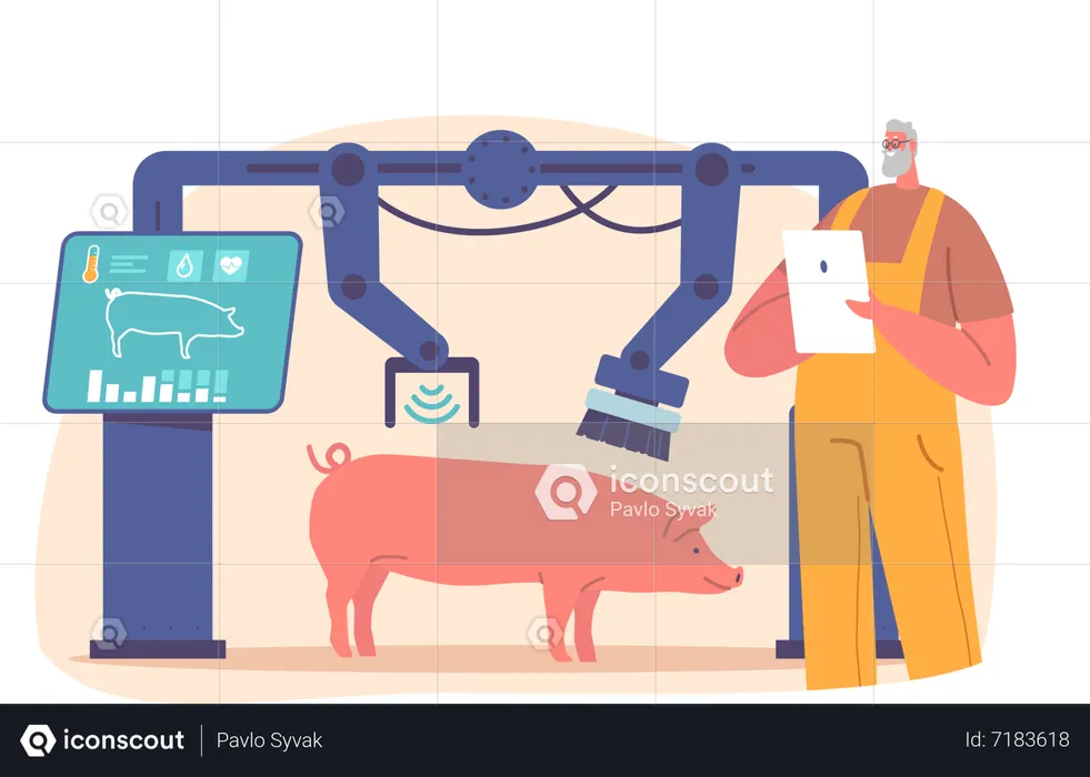 Agricultor gerencia processo de lavagem de porcos em fazenda inteligente usando máquina robótica com jatos de água e escovas  Ilustração