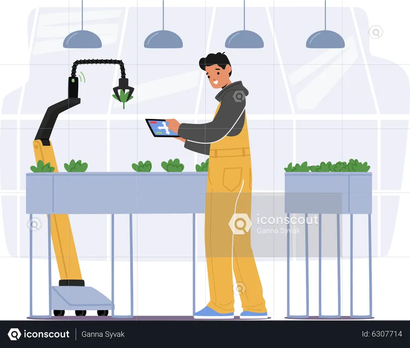 Agricultor plantando mudas usando tecnologias de robótica automatizada  Ilustração