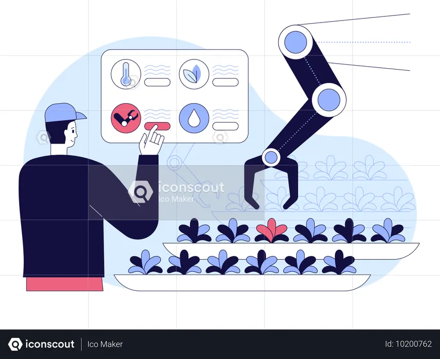 Agricultor usa tableta para controlar brazo robótico inteligente  Ilustración