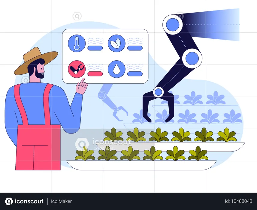 Un agricultor utiliza una mano robótica para cultivar microvegetales en los estantes  Ilustración