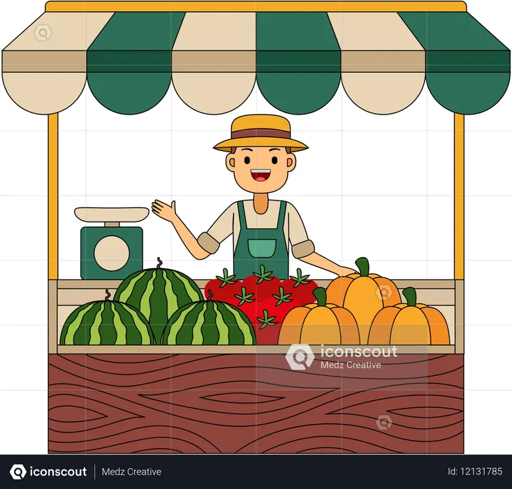 Agricultor vendendo vegetais em barraca  Ilustração