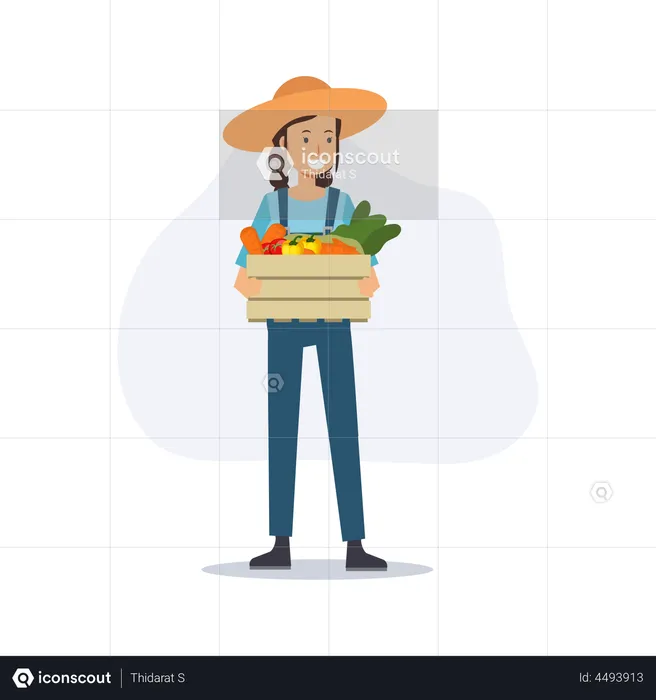 La agricultora sosteniendo una cesta de verduras  Ilustración