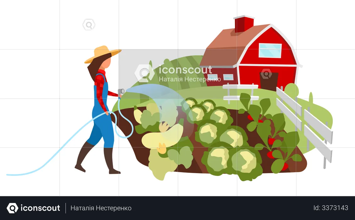La agricultora regando el huerto  Ilustración
