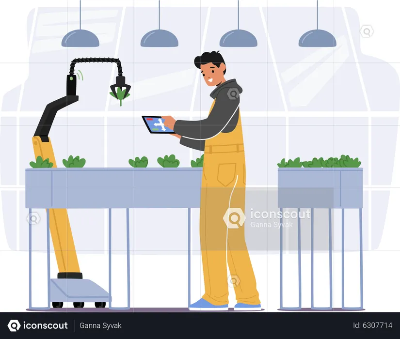 Agricultor plantando plántulas utilizando tecnologías robóticas automatizadas  Ilustración