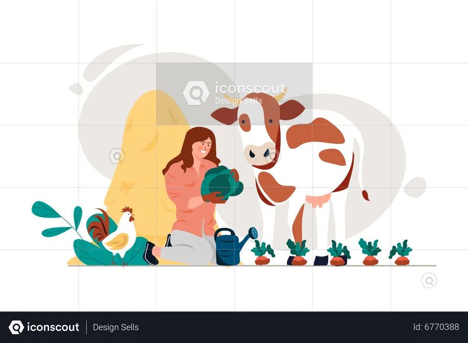 Agricultrice avec poule et vache  Illustration