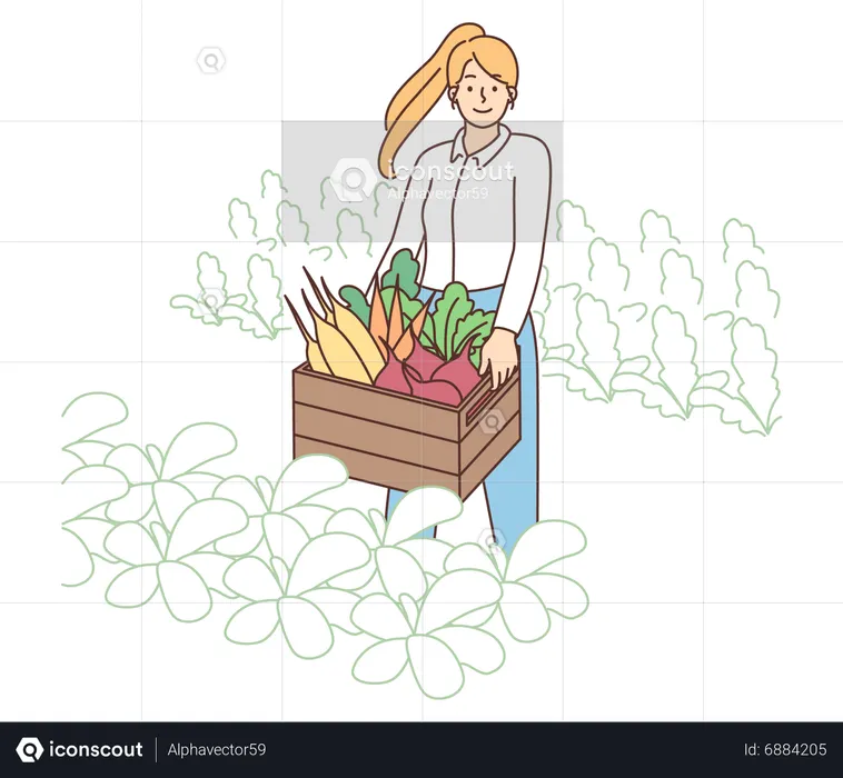 Une agricultrice tenant un panier de légumes  Illustration