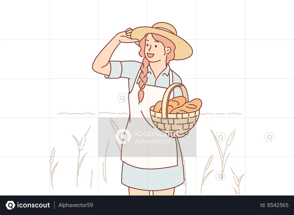 Une agricultrice tient un panier avec du pain frais  Illustration