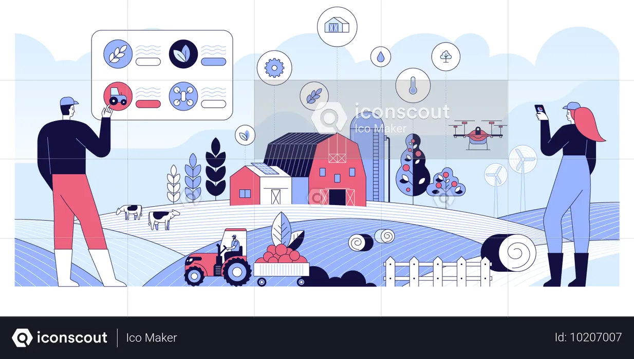 Agriculture intelligente avec des travailleurs utilisant la RA pour le contrôle et la surveillance du champ  Illustration