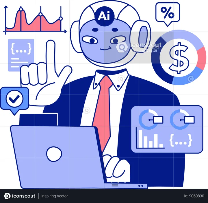 Robot d'homme d'affaires IA effectuant une analyse  Illustration