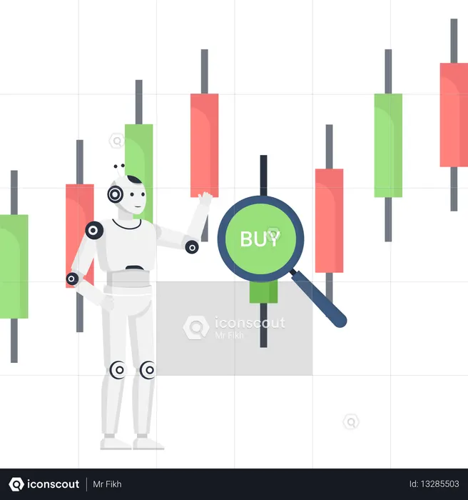 AI robot analyzing stock market candlestick chart with magnifying glass for automated trading  Illustration