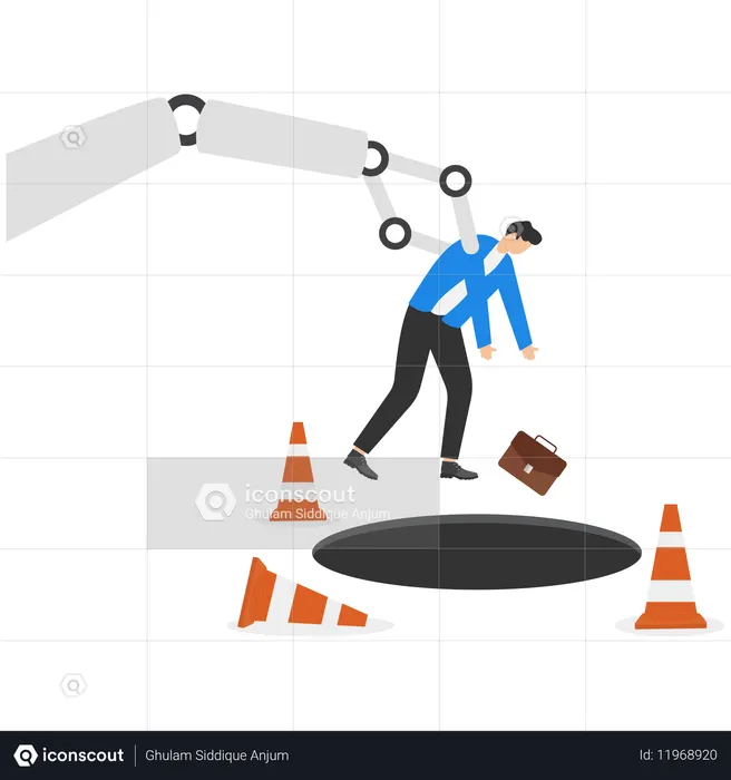 AI robot arm push businessman falling down  Illustration